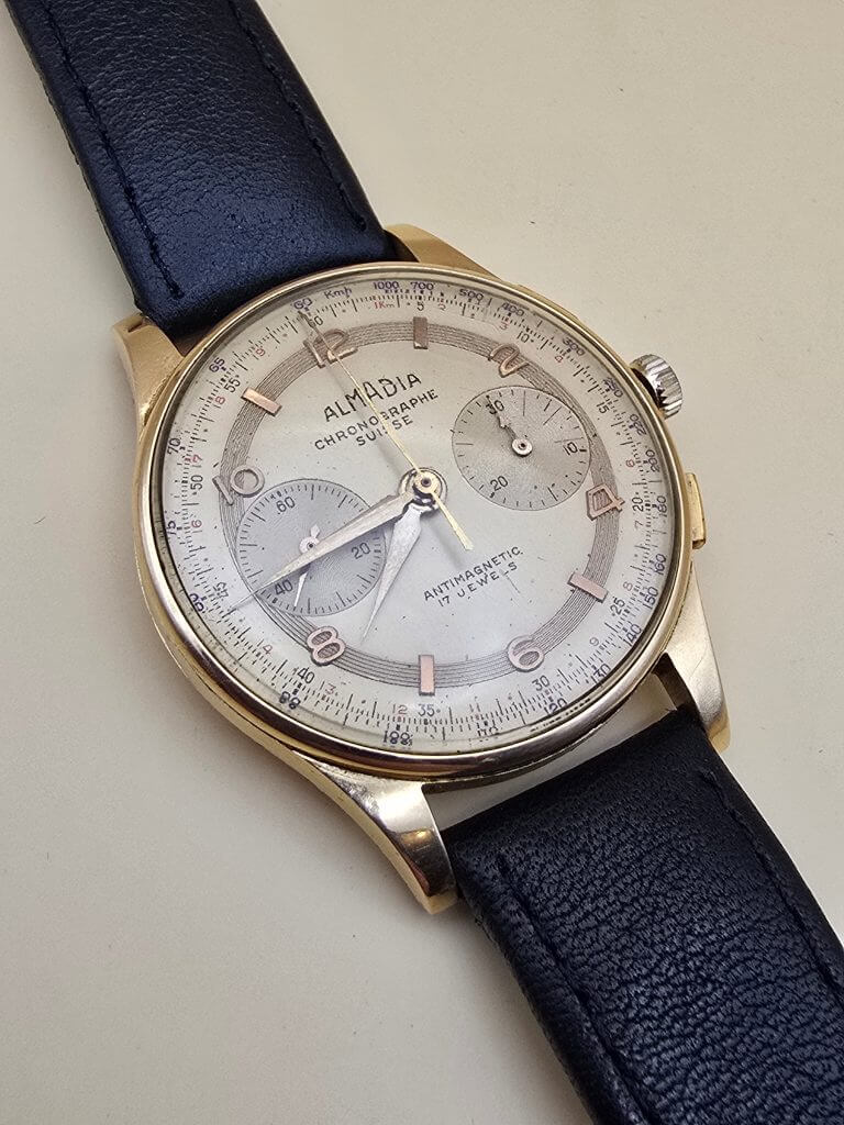 Cronographe Suisse 18K Almadia vintage 1940-1950